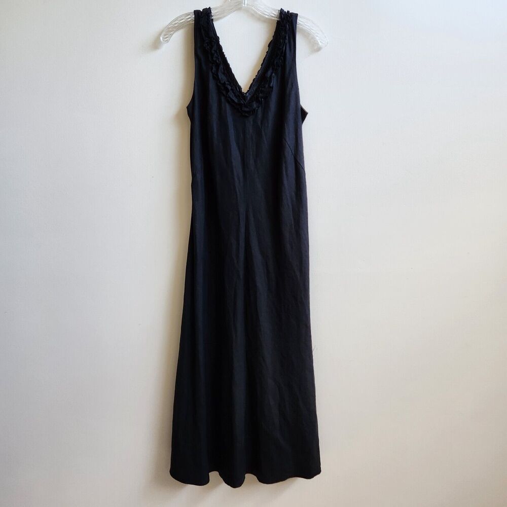 Lennie Nina Leonard Dress Women's 8 Black V-Neck Ruffled Sleeveless Maxi Lined